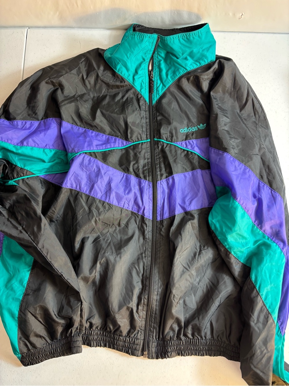 Vintage Adidas Jacket Mens Medium Black Purple Blue Windbreaker Trefoil 90s